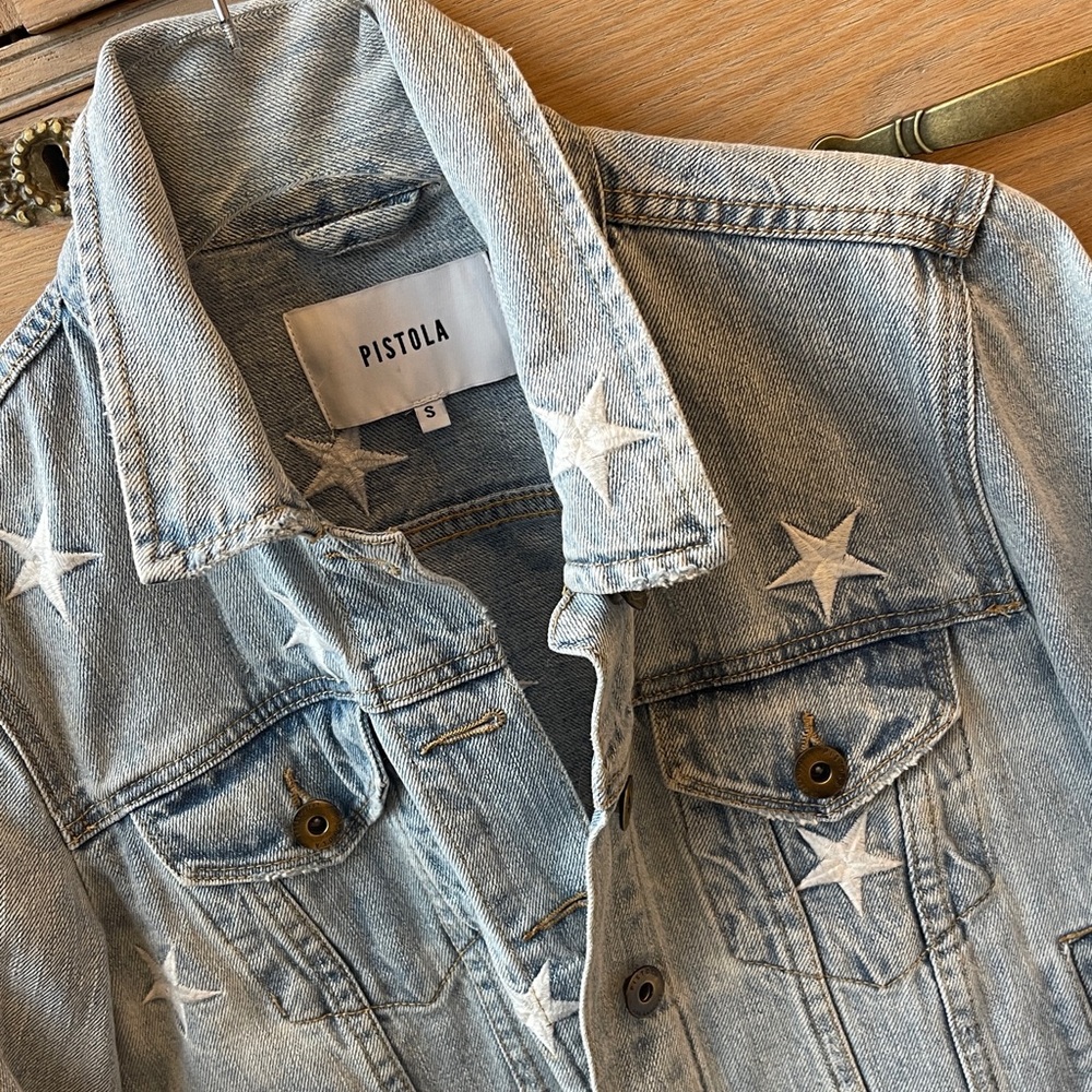 Pistola embroidered star denim jean jacket size small like new stars patriotic - Picture 4 of 7